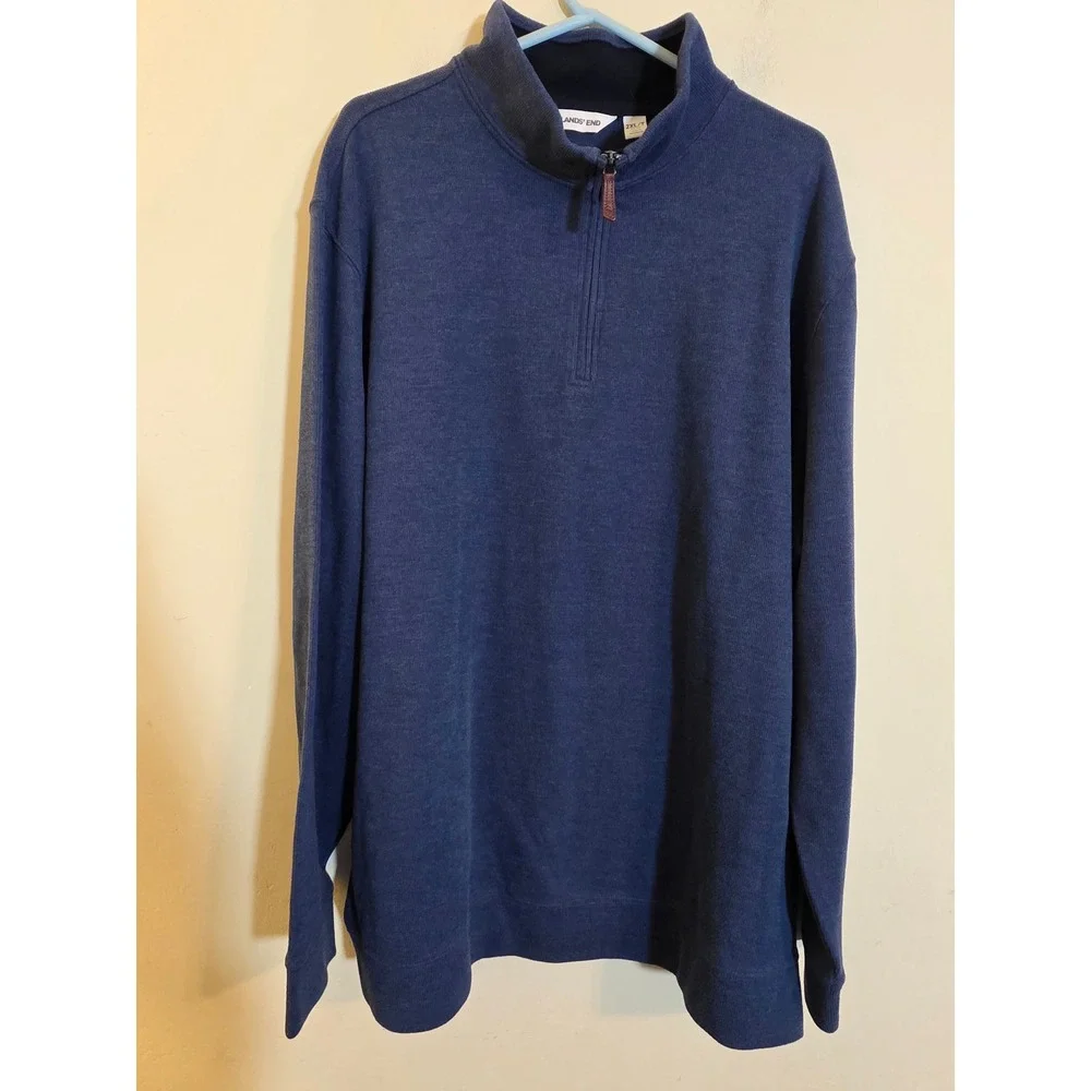 Lands End Mens 2XL Tall Navy Heather Quarter Zip Pullover Sweater Cowhide Trim